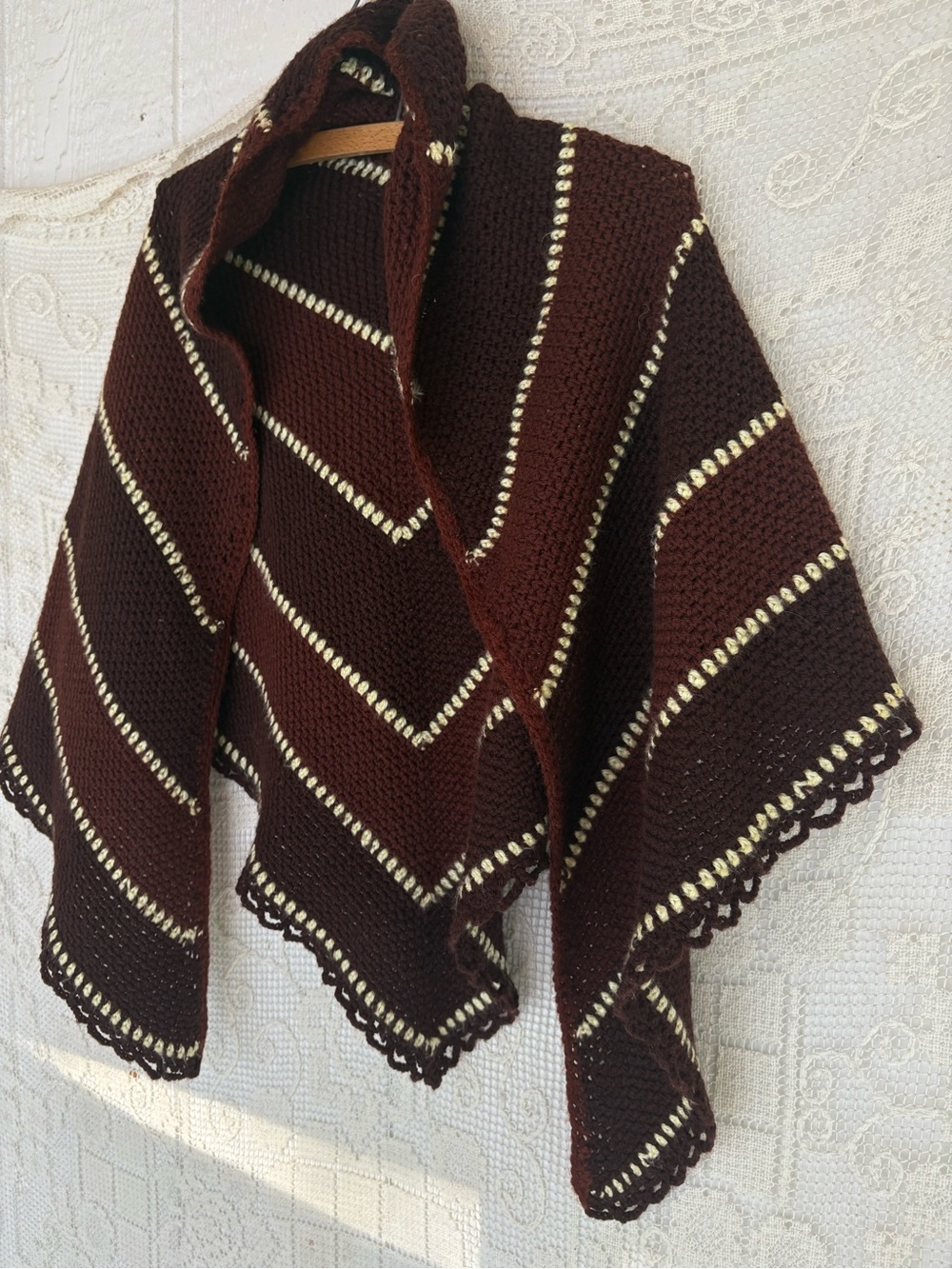 Vintage Handmade Brown Chevron Knit Women's Sweater Shawl one size